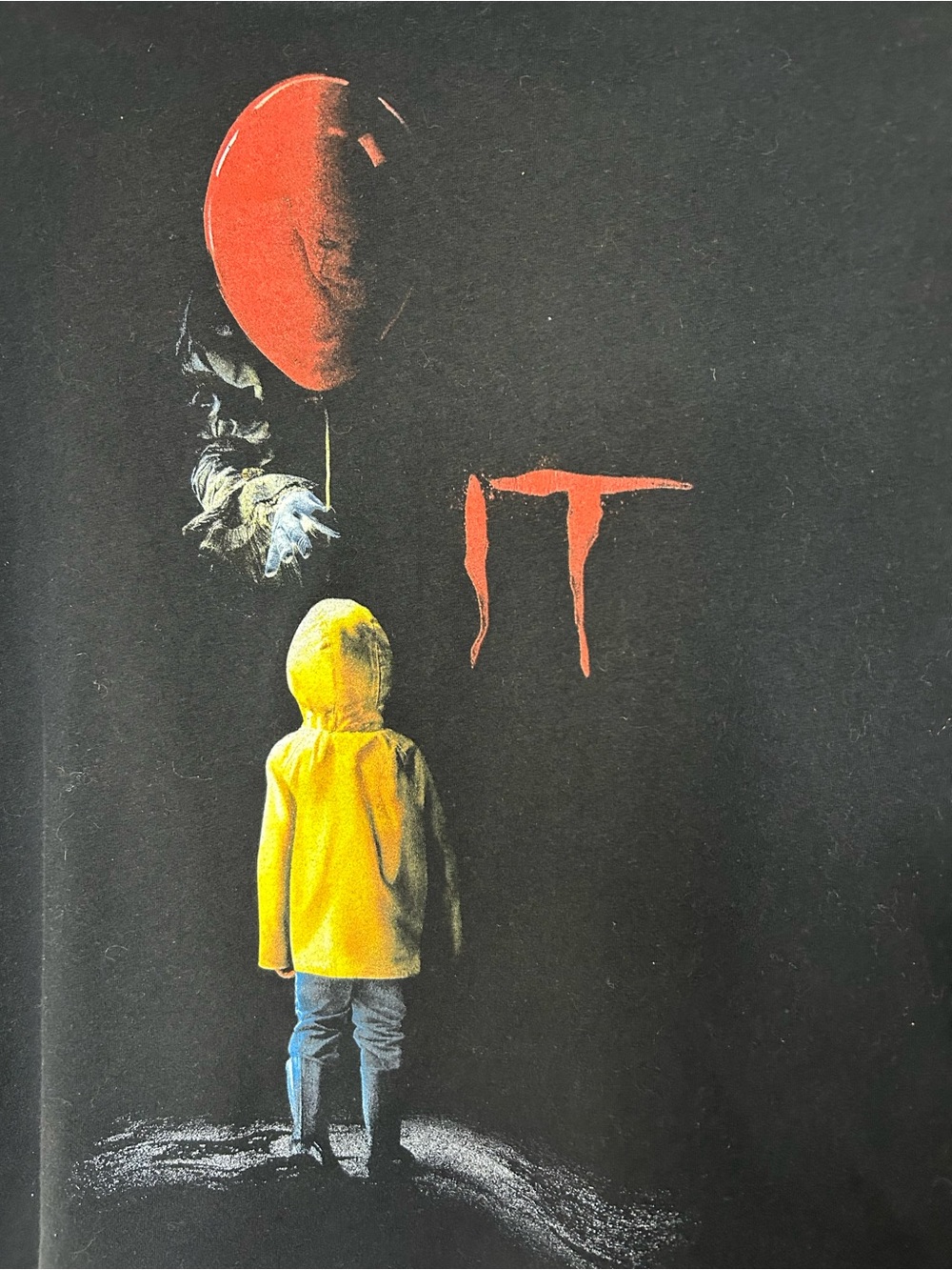 “From movie it”Black Graphic Tee with Yellow Raincoat and Red ballon